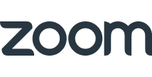 Logotipo corporativo de Zoom con tipografía gris oscura y efectos de sombra sobre fondo negro.