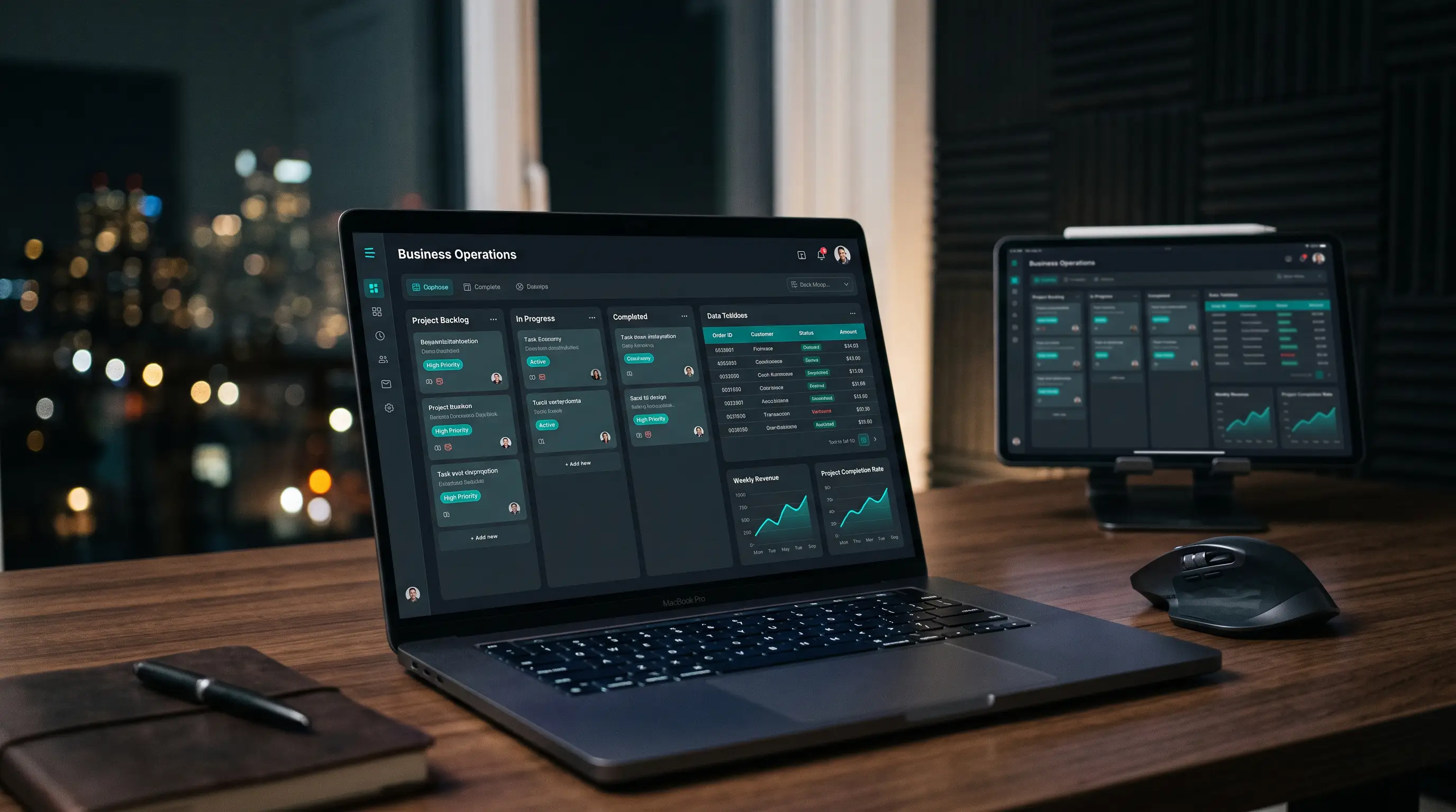 Laptop y tablet con un tablero de operaciones a medida: columnas de tareas, tabla de pedidos y gráficas de ingresos semanales.