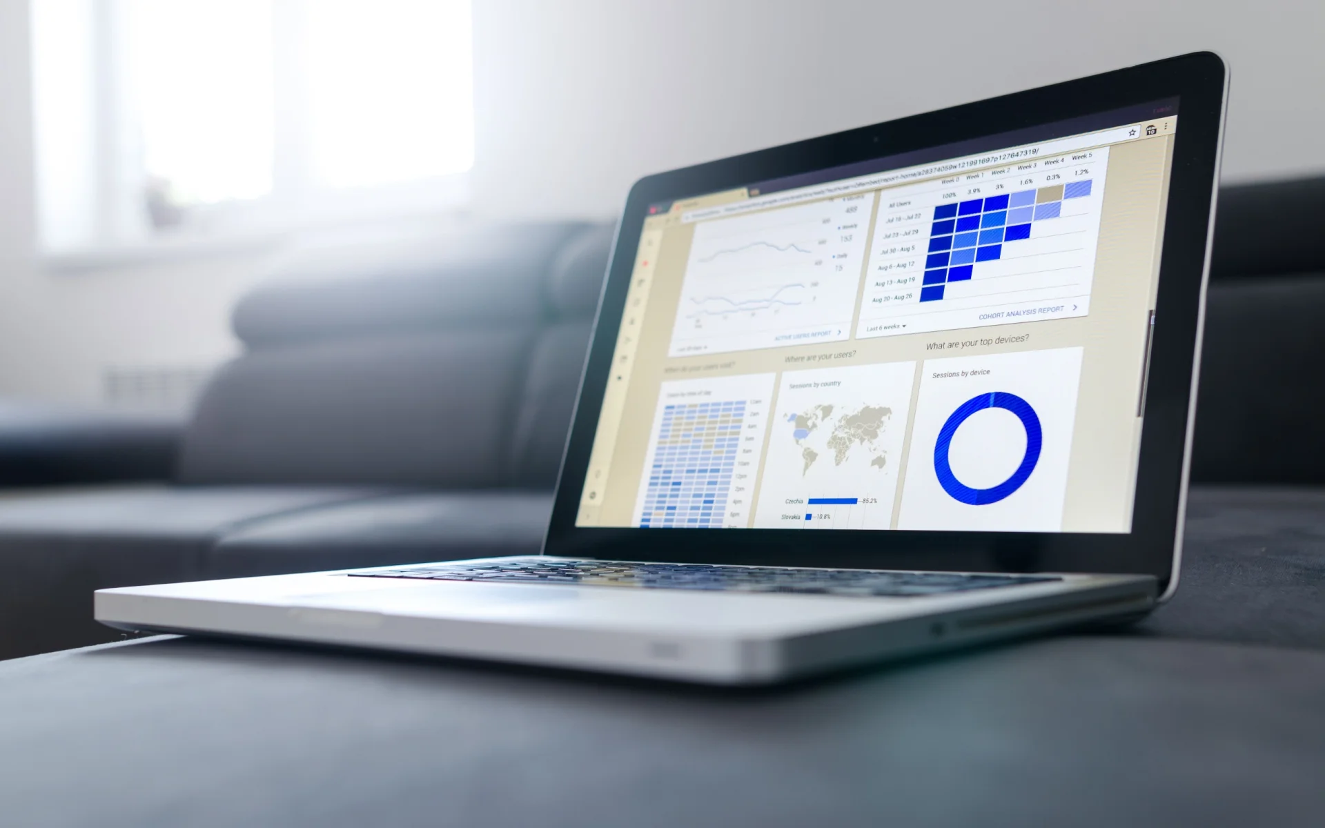 Laptop con tablero de ventas y gráficos: caso conceptual de tablero en tiempo real