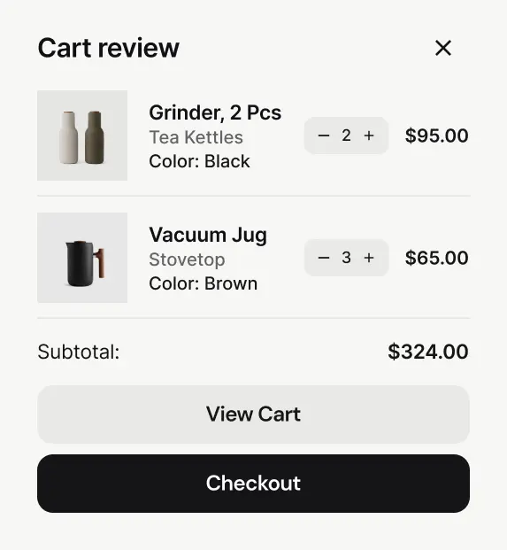 Interfaz de usuario limpia y moderna para el resumen de un carrito de compras en una tienda online.