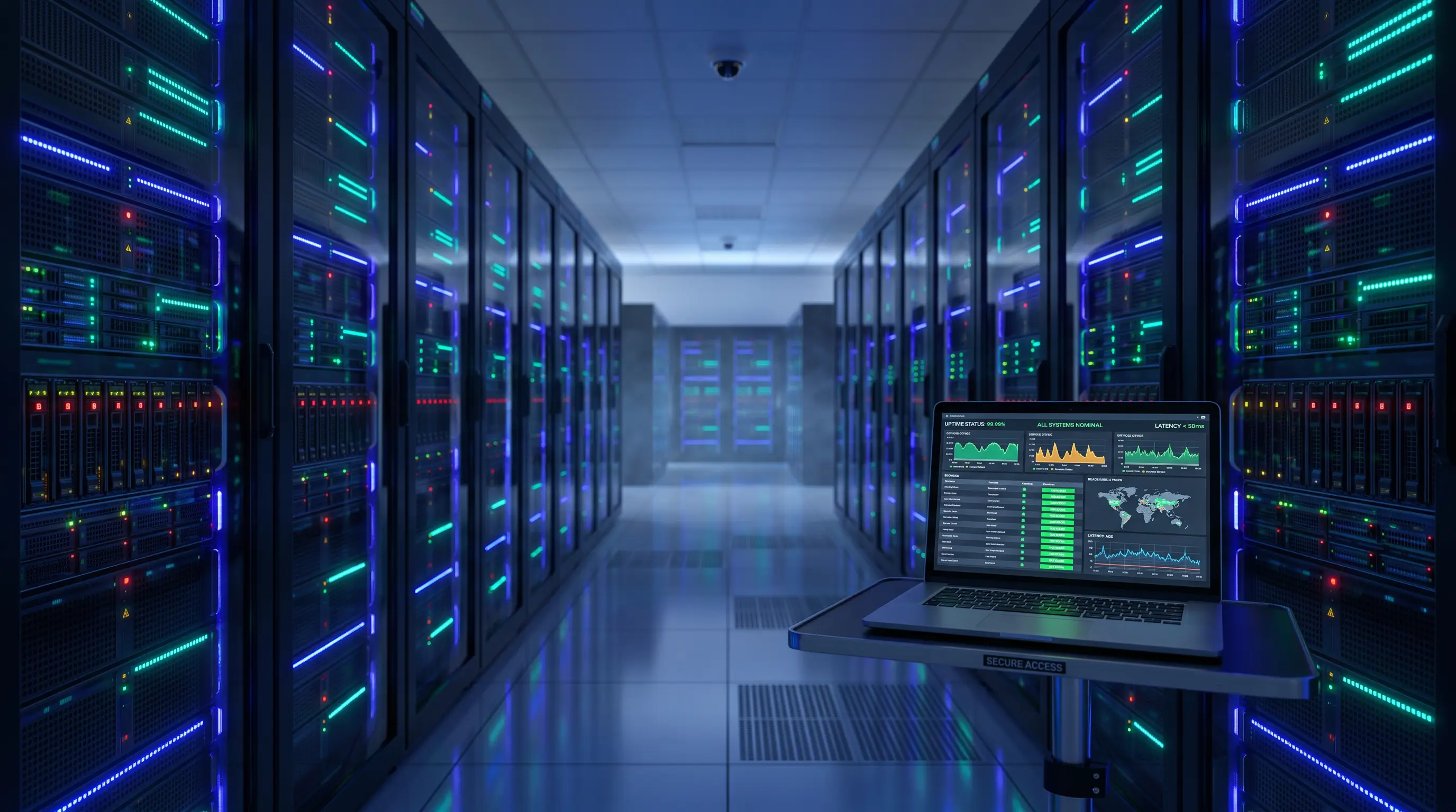 Pasillo de centro de datos con servidores iluminados y una laptop con el panel de monitoreo de disponibilidad y latencia.