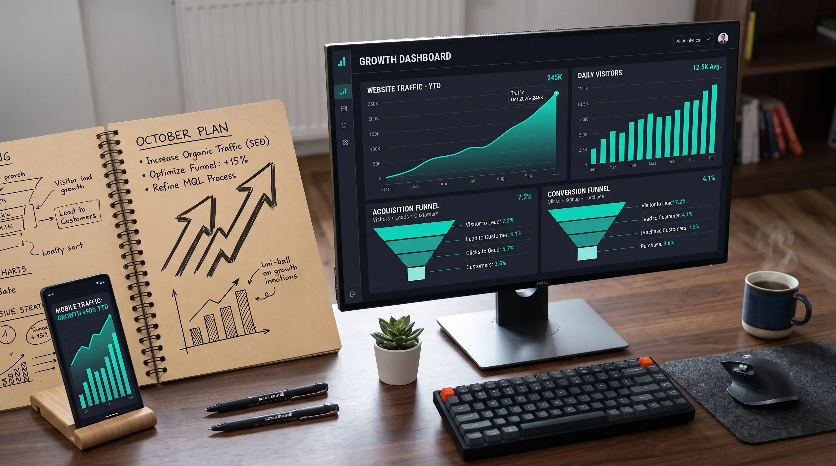 Monitor con tablero de crecimiento: tráfico orgánico en alza, visitantes diarios y embudos de conversión, junto a un plan de trabajo escrito a mano.